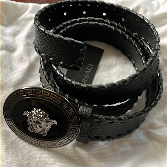 VERSACE BLACK LEATHER BELT MEDUSA HEAD SILVER SIZE 100/40 fit 34to 40 NEW - Picture 5 of 6
